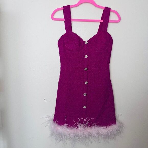 FASHION NOVA She's The One Tweed Mini Dress w/ Feather Hem in Magenta Size S - Picture 2 of 7
